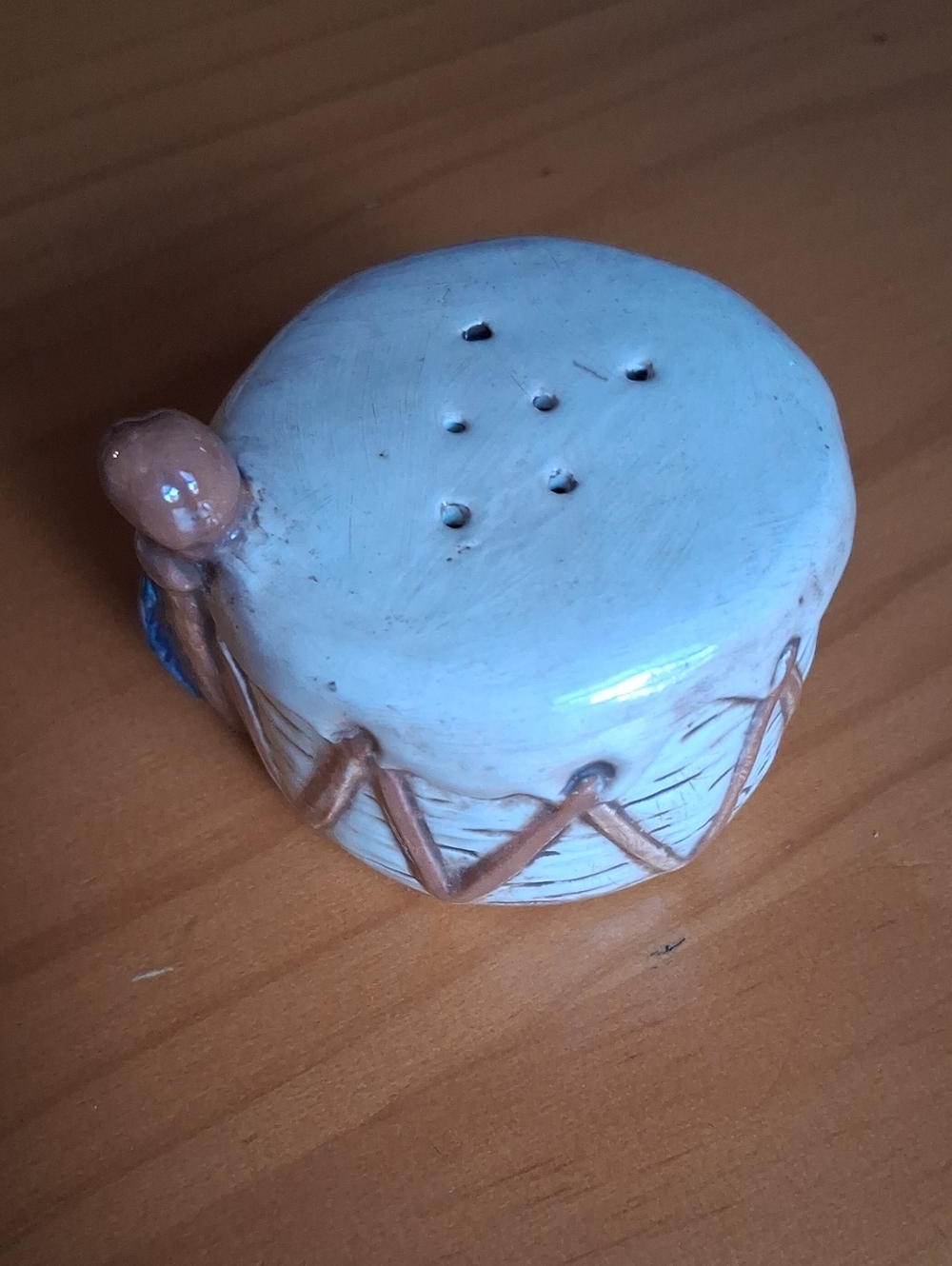Handcrafted Ceramic Drum Figurine in Cream and Brown